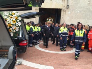Un momento dei funerali di Giuseppe Diana e della moglie Luciana Corgiolu, uccisi nella loro abitazione a Settimo San Pietro (Cagliari), 14 maggio 2016. 