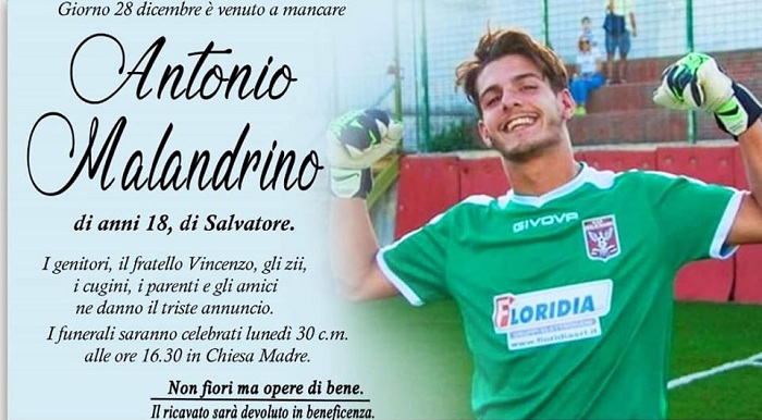 Oggi pomeriggio i funerali di Antonio Malandrino portiere del Rosolini calcio
