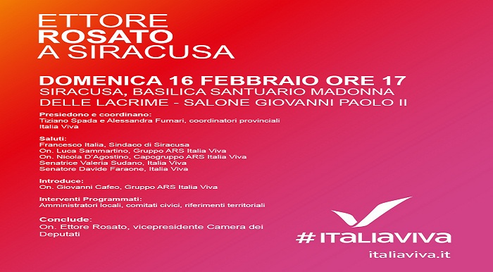Italia Viva, domenica 16 febbraio a Siracusa l’assemblea provinciale con Ettore Rosato