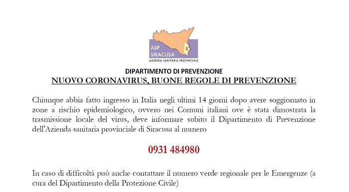 DIPARTIMENTO DI PREVENZIONE  NUOVO CORONAVIRUS, BUONE REGOLE DI PREVENZIONE
