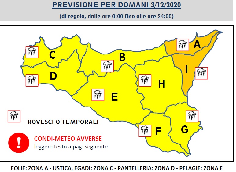 Sicilia – Allerta meteo di livello giallo per giovedì, 3 dicembre