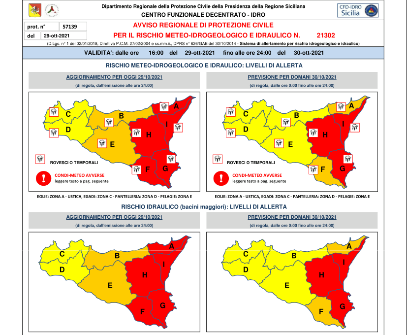 Il Dipartimento di Protezione Civile Regionale Siciliano conferma l’Allerta rossa per Domani nella Parte Orientale dell’isola