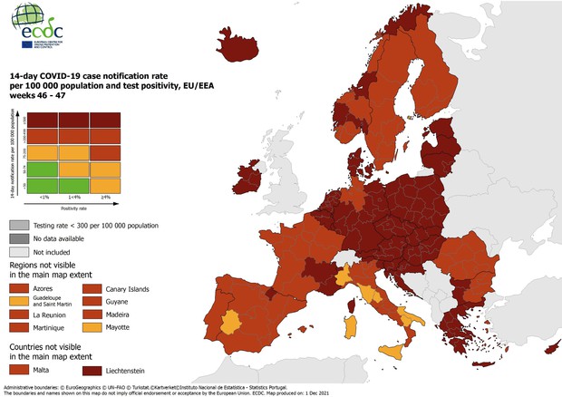 Covid – La mappa ECDC  – L’Europa è tutta in rosso zone gialle in Italia e Spagna