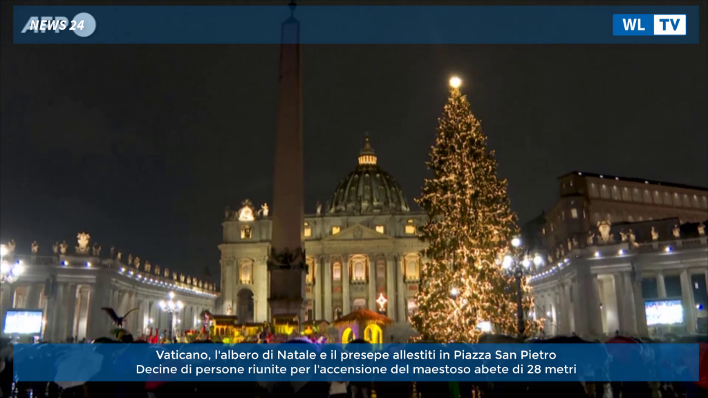Vaticano, l’albero di Natale e il presepe allestiti in Piazza San Pietro Decine di persone riunite per l’accensione del maestoso abete di 28 metri