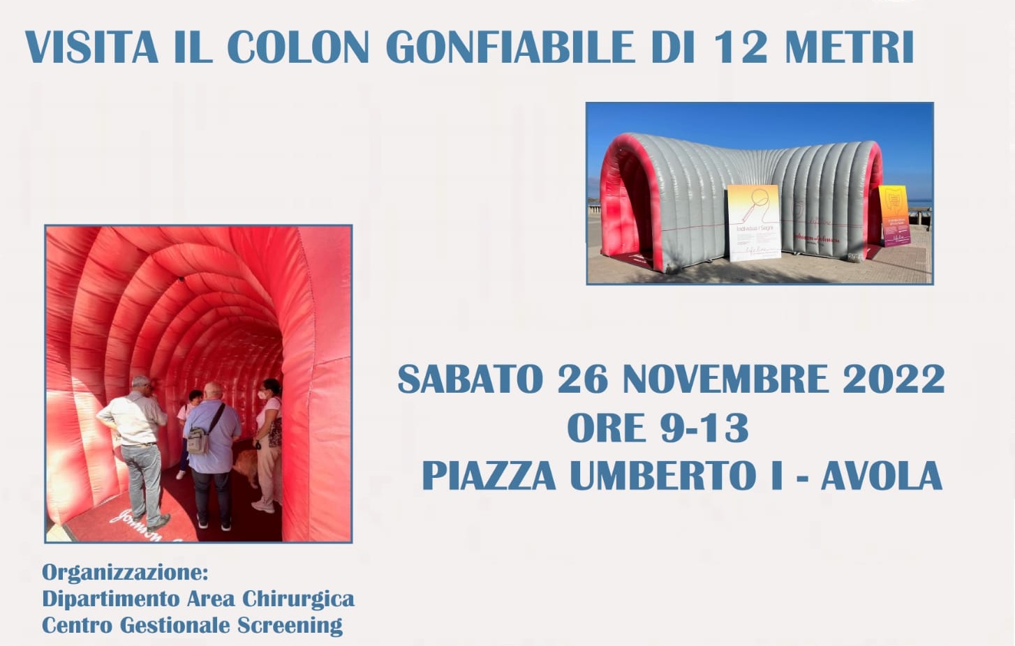 Avola: sabato in piazza Umberto I un colon gonfiabile per la prevenzione del tumore al colon retto