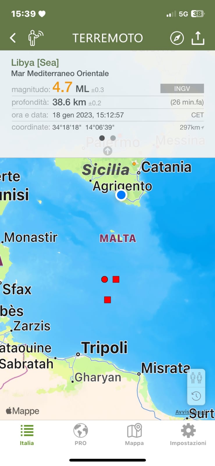 Terremoto di magnitudo ML 4.9 a largo di Malta