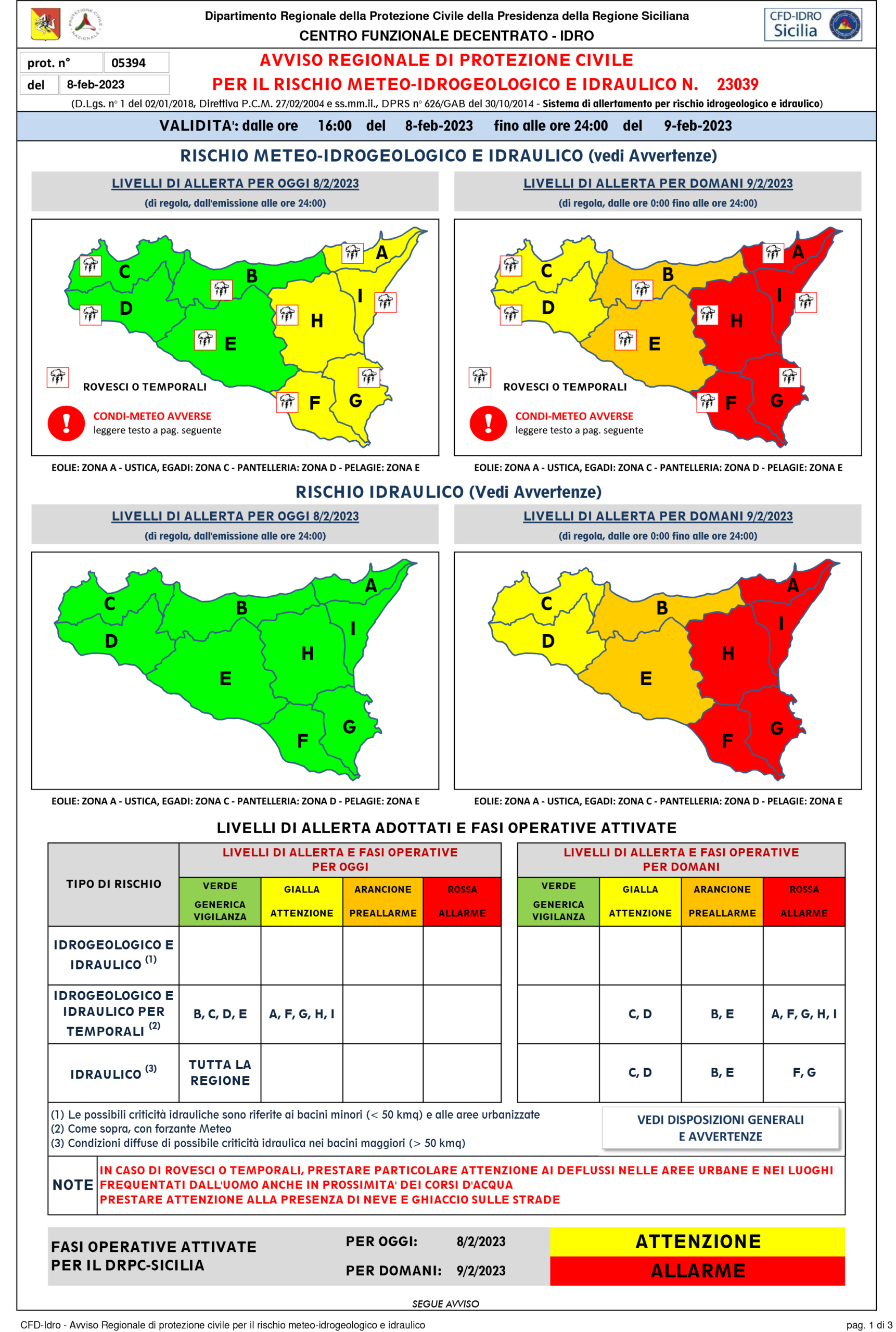 Rischio meteo per la Sicilia, Orientale per la giornata di domani