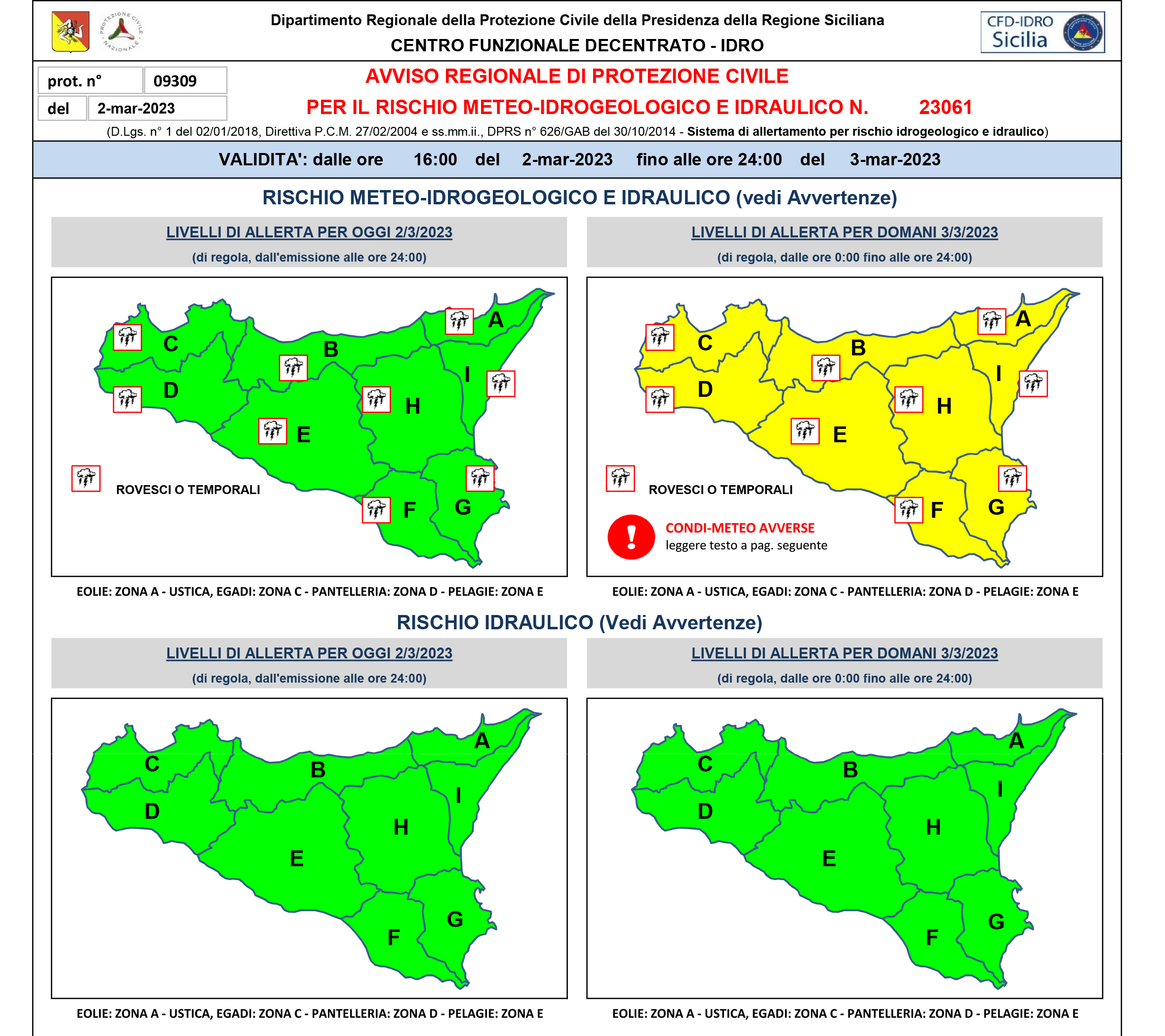 Sicilia, per domani prevista allerta meteo di colore giallo