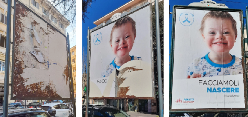 Aborto. Pro Vita Famiglia: “Qualcuno non vuole far nascere i bambini con Sindrome Down e strappa i nostri manifesti”