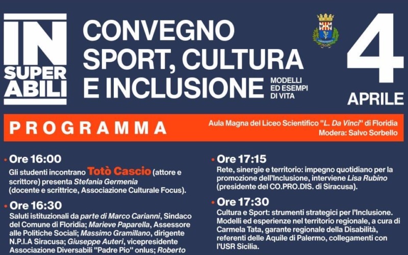 Domani a Floridia il convegno “Sport, cultura e inclusione” –  Tra gli ospiti Totò Cascio di “Nuovo cinema Paradiso”