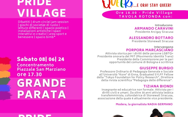Siracusa Pride 2024. Si inizia venerdì 7 giugno con il Pride Village e la tavola rotonda “QUEER…e ora! Stay Queer!”