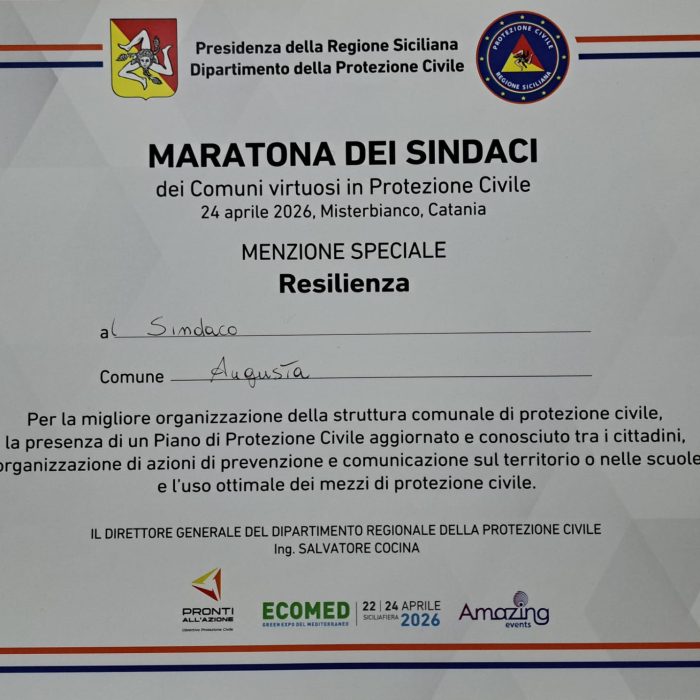 Augusta premiata come comune virtuoso in protezione civile. Di Mare “riconoscimento per tutti i volontari.”